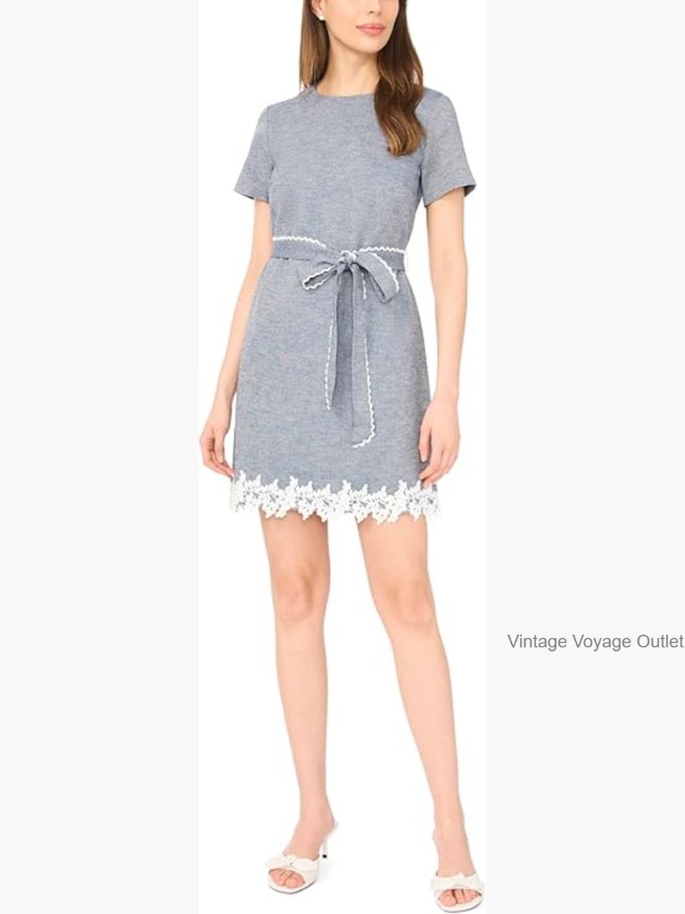 A-Line Denim Linen Mini Dress With Lace Trim, Casual Short Sleeve